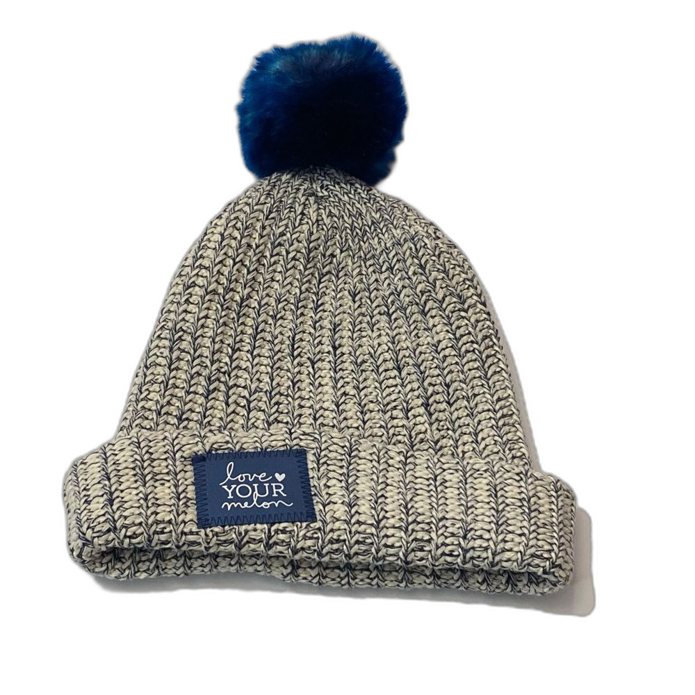 Love Your Melon Blue & White Cotton Knit Pom Beanie Women's Outdoor Accesory